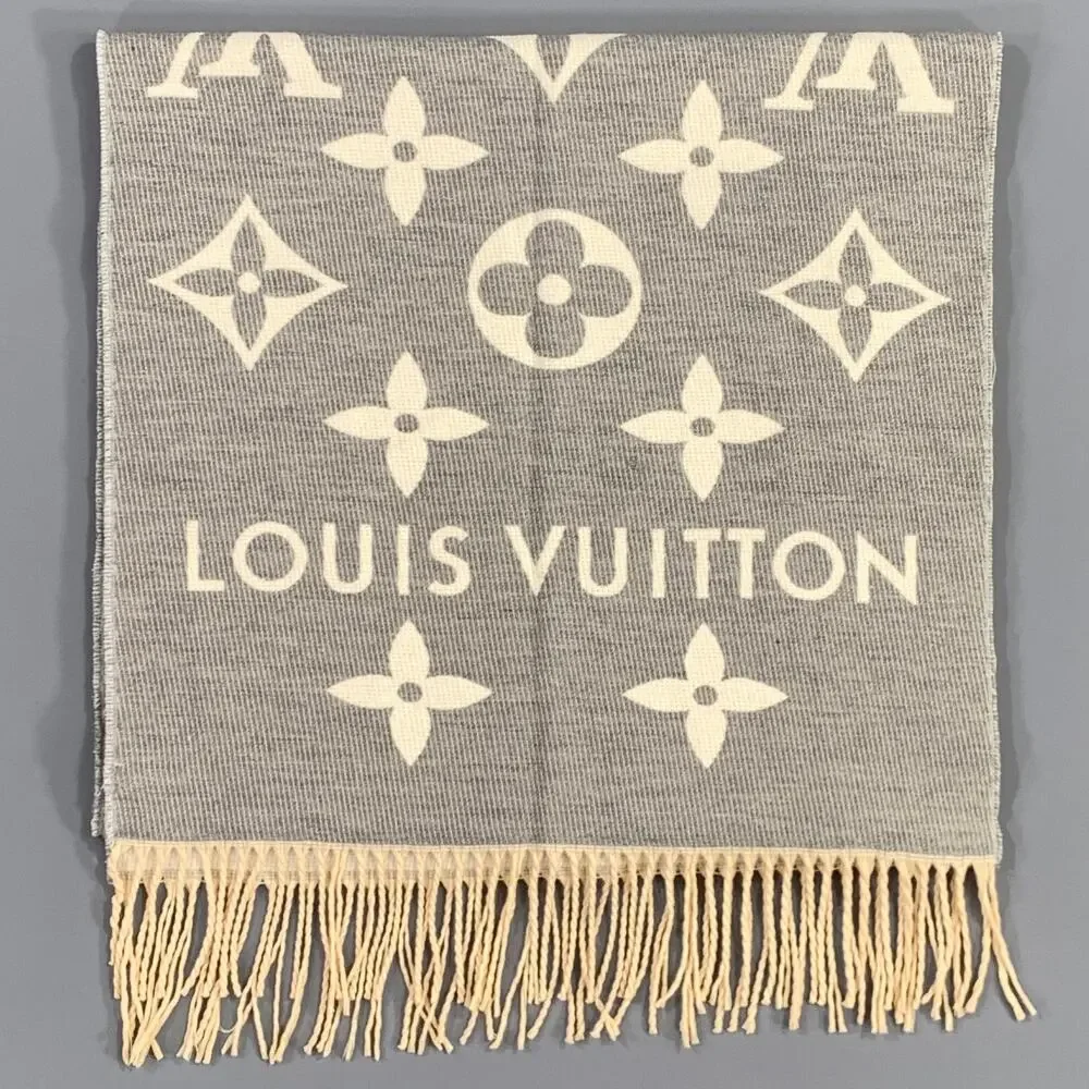 LOUIS VUITTON Size One Size Grey Cream Logo Cashmere Scarves